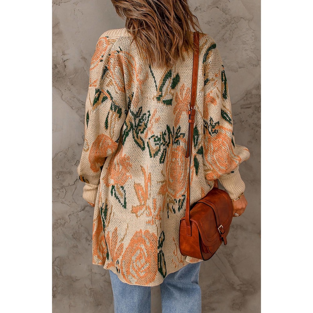Floral Pattern Ribbed Trim Cardigan - Picture 2 of 5